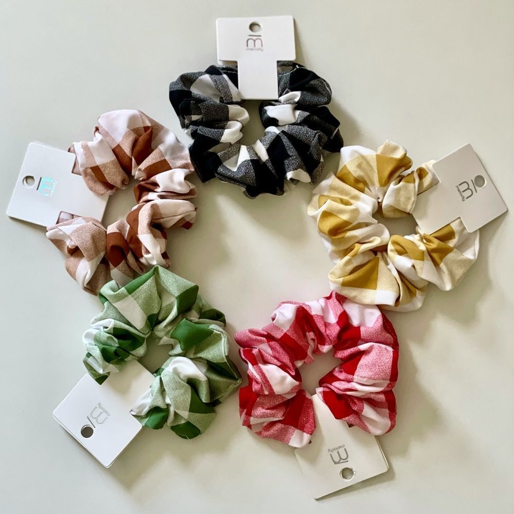Set of 5 Colorful Checkered Print Scrunchies, NWT